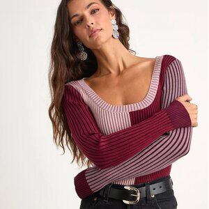 Lulus Mod Cutie Burgundy Color Block Ribbed Long Sleeve Bodysuit
